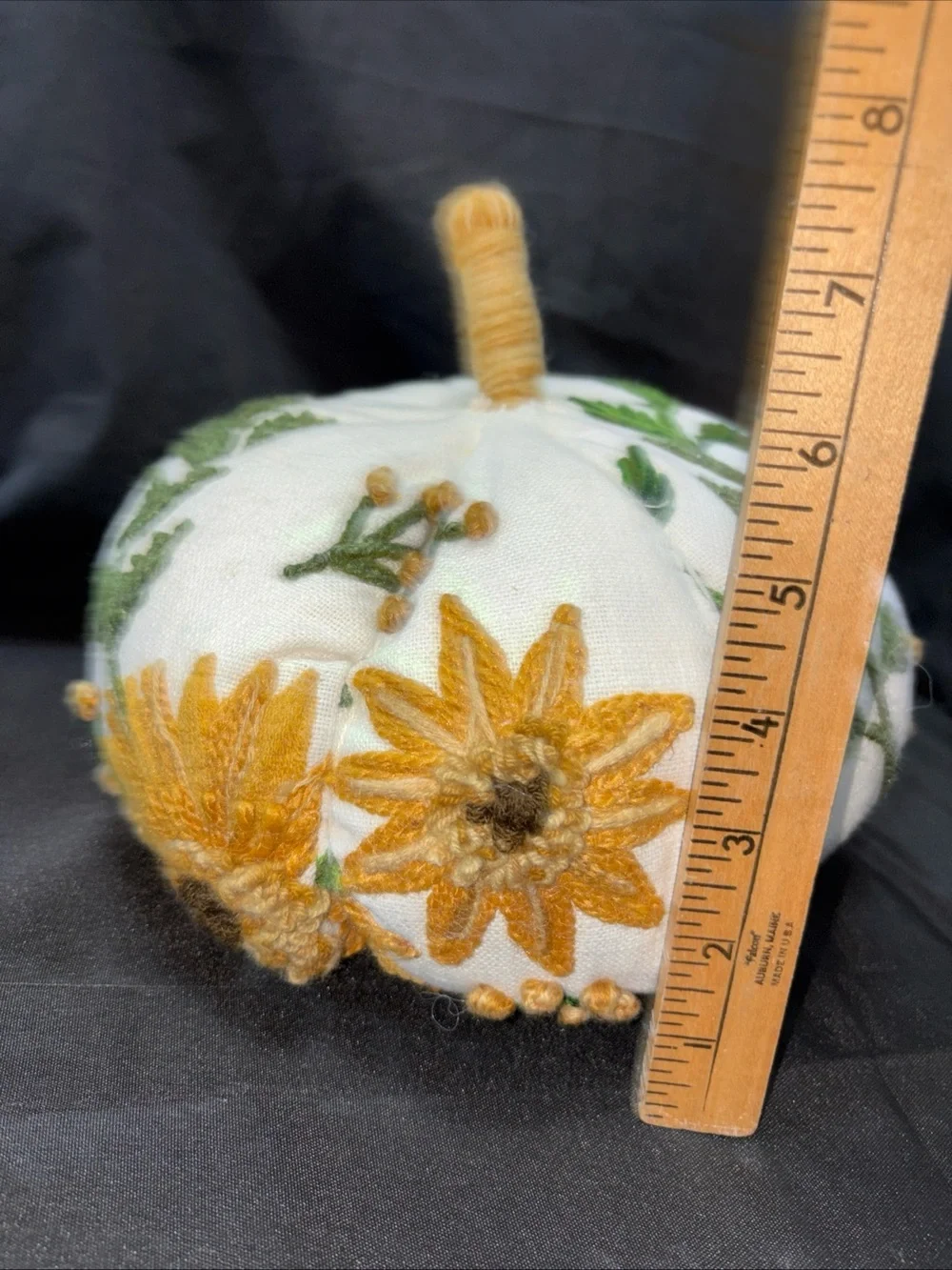 Source Unknown White Accent Pillow Pumpkin with Mustard Embroidered Flowers